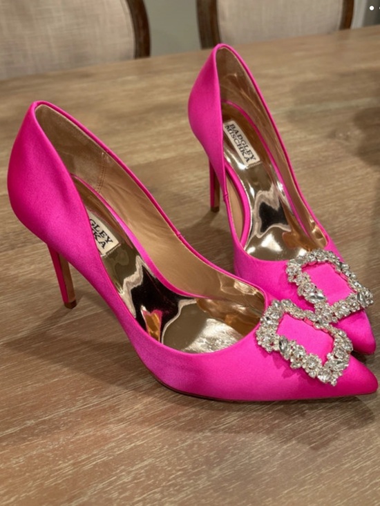 Badgley Mischka Shoes - Badgley Mischka Hot Pink Satin Pointed Toe Pumps with Crystal Buckles